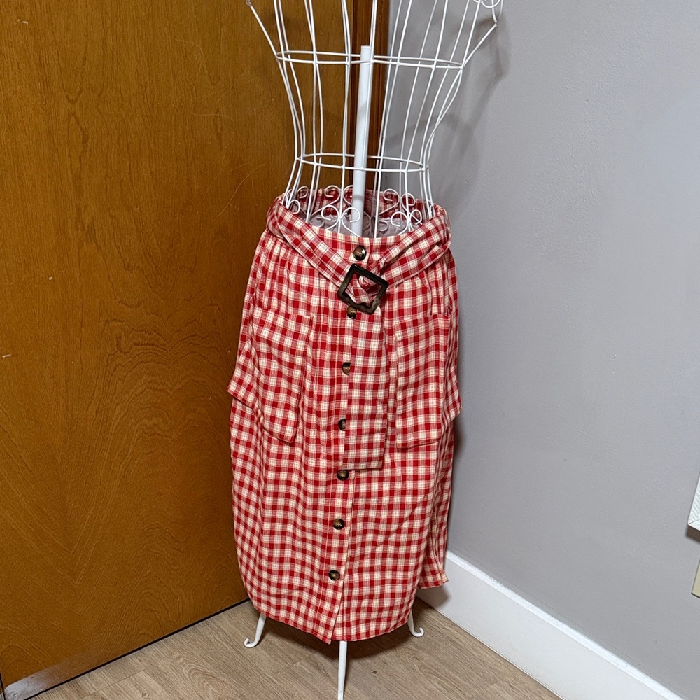 Anthropologie Red and White Gingham Button-Front Midi Skirt with Belt